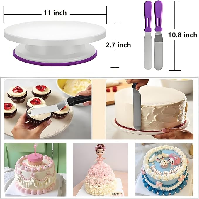 ANSLYQA Cake Decorating Kit, 193 Pcs Baking Tools | Cake Turntable, Leveler, 24 Numbered Icing Tips, 2 Spatulas, 3 Scrapers, 50 Pastry Bags, 50 Cupcake Liners & More, (Purple)