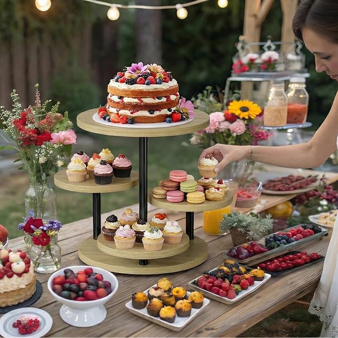 Cake Stand for 50 Cupcakes 360°Rotating Wooden Cupcake Display Stand Round Cookie Stands 4 Tiered Tray Stand for Parties Birthday Wedding Baby Shower Afternoon Tea Dessert Table, Oak