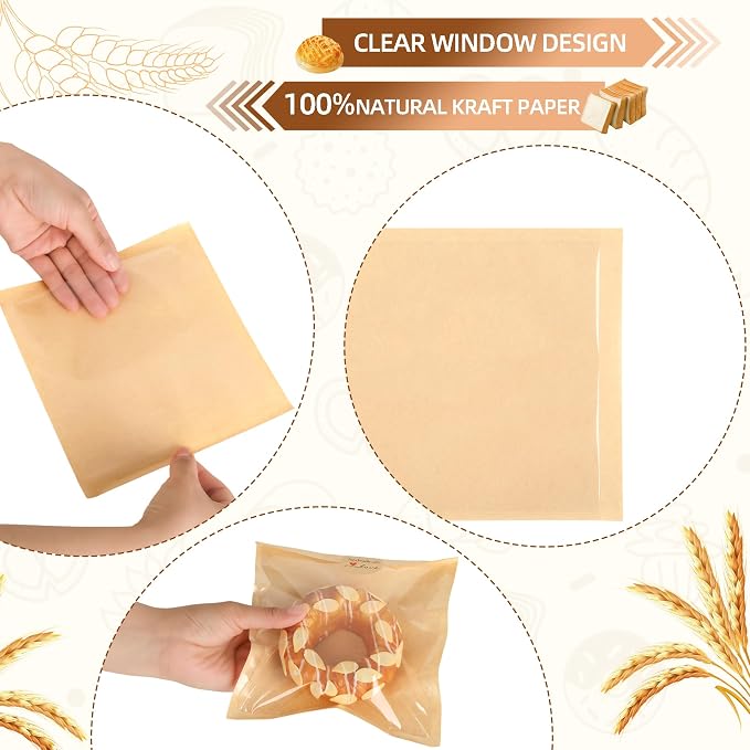 100 Pcs Cookie Packaging Bags with Window, 7.1" x 7.5" Kraft Paper Bakery Bags, Heat-Sealable & Grease-Resistant Pastry Bags with 128 Stickers for Cookies, Donuts, Sandwiches, Party Treats (Brown)