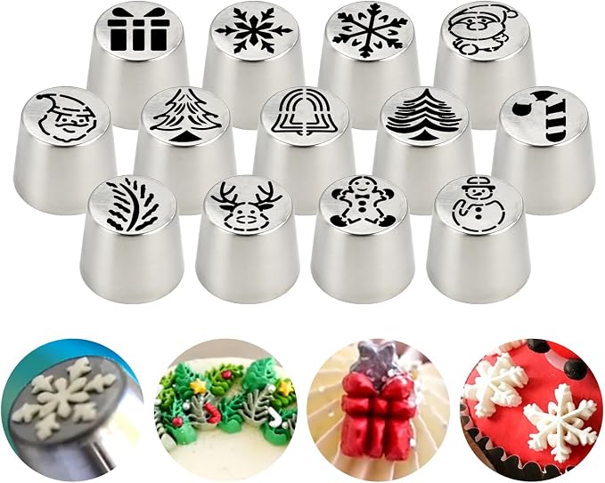 Christmas Russian icing Piping Tips Set-30pcs Cake Decorating Kit with 13 extra large nozzles,10 Pastry Bags, 6 Silicone Baking Cups,1 Cleaning Brush, Perfect for Cupcakes, Cakes, Holiday Baking Gifts