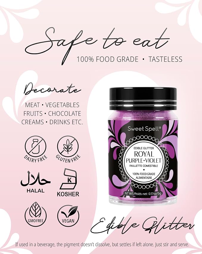 Sweet Spell Edible Glitter (15g) - Shimmer Sparkles for Drinks, Cakes, Cocktails - 100% Edible & Food Grade Glitter, Vegan, Gluten-Free (Purple)