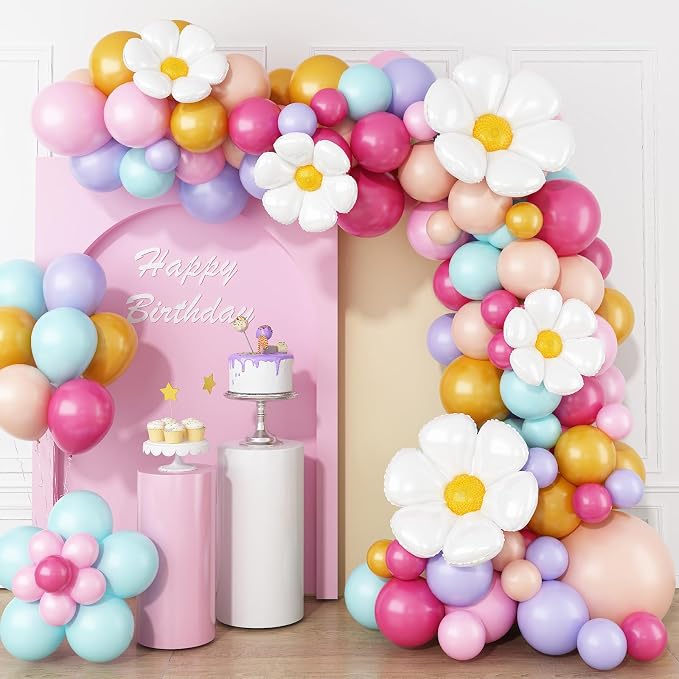 Pastel Balloon Arch Kit, Daisy Balloon Arch Garland with Macaron Pink Blue Purple Yellow Orange Rainbow Latex Balloons Daisy Flower Foil Balloons for Girls Women Birthday Pastel Party Decorations