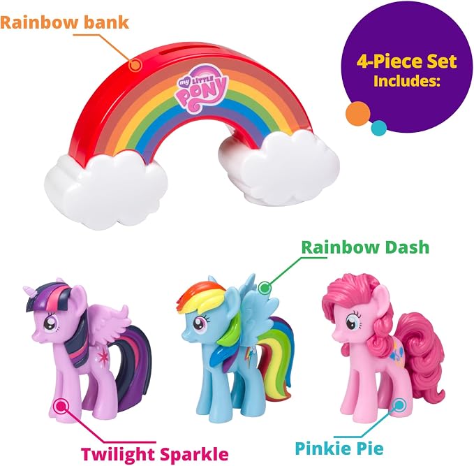 DecoSet® My Little Pony™ Over The Rainbow Signature Cake Topper, 4 Piece Decoration, Dash, Pinkie Pie, and Twilight Sparkle, Coin Bank, Collectable Figurines For Birthday