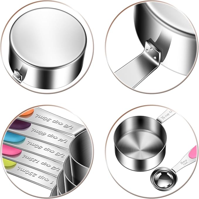 10-Piece Measuring Cups and Spoons Set, 304 Stainless Steel with Color-Coded Handles, Engraved Markings Never Fade, Plastic Free, Dishwasher Safe, Includes 1/8 Cup & 1/4 Tsp