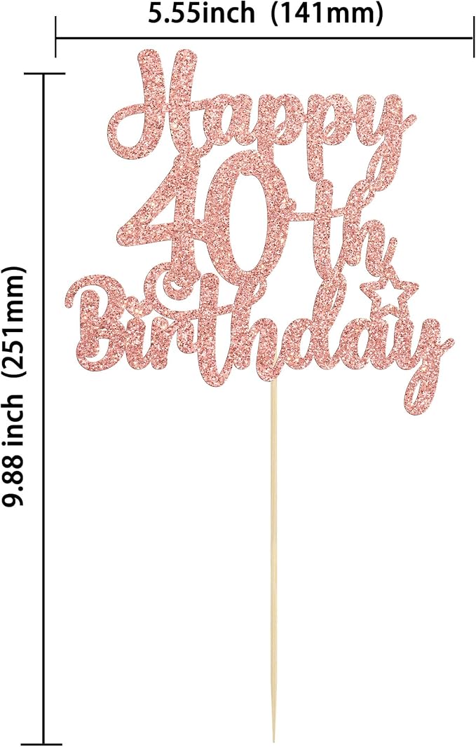 Gyufise 1Pc Happy 40th Birthday Cake Topper Glitter Cheers to 40 Years Old 40th Birthday Cake Pick for Celebrating 40th Birthday Anniversary Party Cake Decorations Supplies Rose Gold