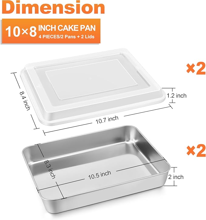 Herogo Baking Pan with Lid (2 Pans + 2 Lids), 8 x 10 Inch Nonstick Rectangle Stainless Steel Baking Set, Deep Cakes Bakeware for Brownies Casseroles, Non Toxic & Dishwasher Safe