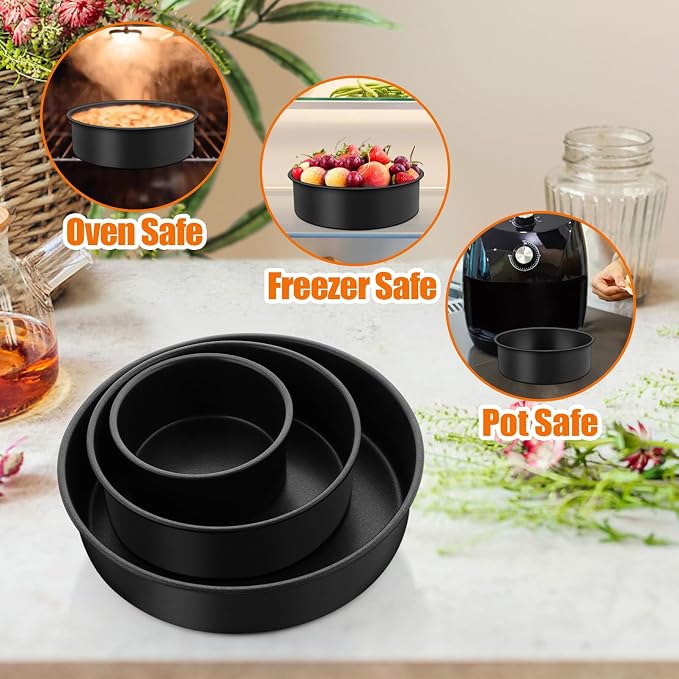TeamFar Cake Pan, 4'' / 6''/ 8'' Round Baking Tier Pan Set, with Non-Stick Coating Stainless Steel Core, for Steaming Serving, Healthy & Heavy-Duty, Release Easily & Easy Clean, Set of 3, Black