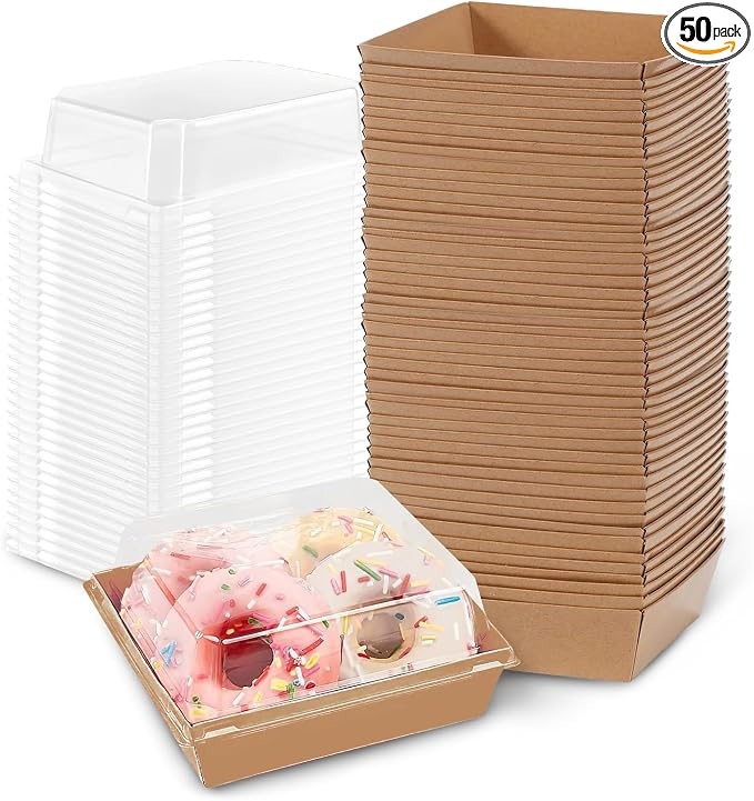 50 Pack Plastic Charcuterie Boxes with Clear Lids, 4" Small Paper to Go Food Container for Sandwich Salad Snack, Disposable Mini Bakery Dessert Boxes for Cupcakes Slice Cookies Strawberry Brown