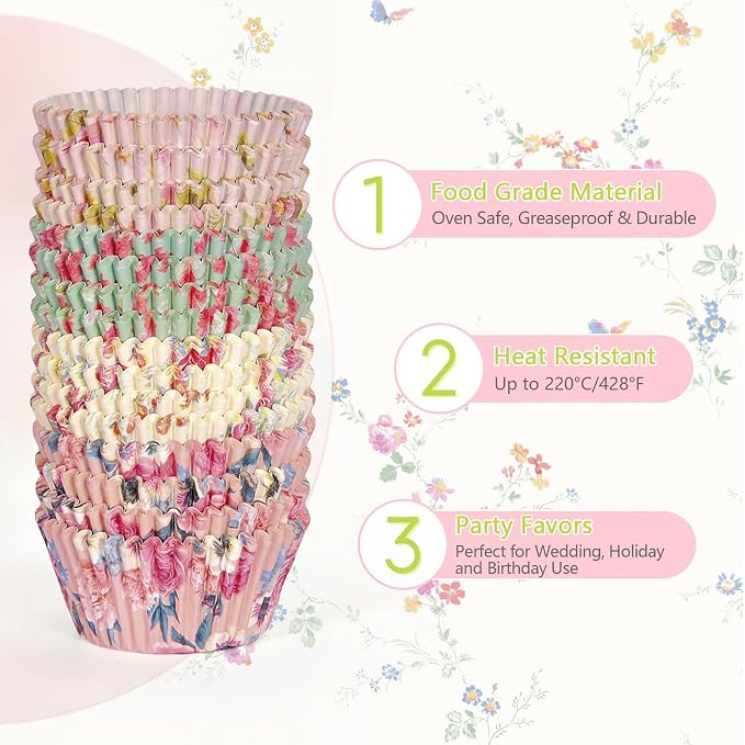 Standard Cupcake Liners 100 Pack, Colorful Paper Baking Cups Food Grade Disposable Cupcake Wrappers Floral Muffin Liners for Birthday Tea Themed Party Decor (Floral-4)