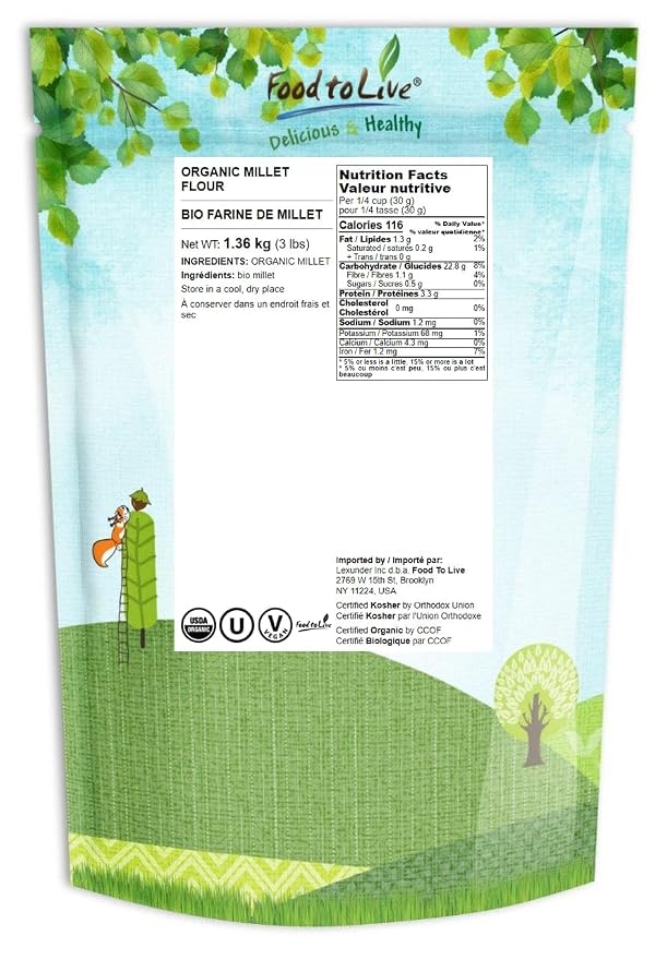 Food to Live - Organic Millet Flour, 3 Pounds - Non-GMO, Kosher, Raw, Vegan, Stone Ground, Unbleached, Unbromated, Bulk