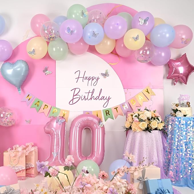 Pastel 10th Birthday Decorations for Girl,Macaron Rainbow 10th Party Decoration Colorful Balloons Banner Star Heart Number 10 Foil Balloon Cake Topper Butterfly Party Decorations
