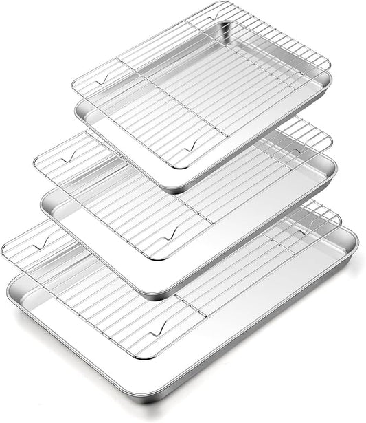 TeamFar Baking Sheet with Rack Set (3 Pans + 3 Racks), 16/12.5/10.5 Inch Stainless Steel Cookie Sheets Baking Pans Trays and Cooling Racks for Cooking Roasting, Non-Toxic & Heavy Duty, Dishwasher Safe