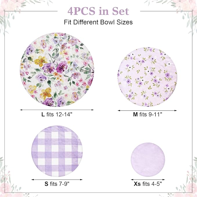 Reusable Bowl Covers for Bread Proofing 4pcs,Linen Cotton Sourdough | Breathable,Fabric,Shower Caps,Accessories,Supplies,Food Lids,Fruit Storage,4"-14",Purple,Checkered,Flower,Large