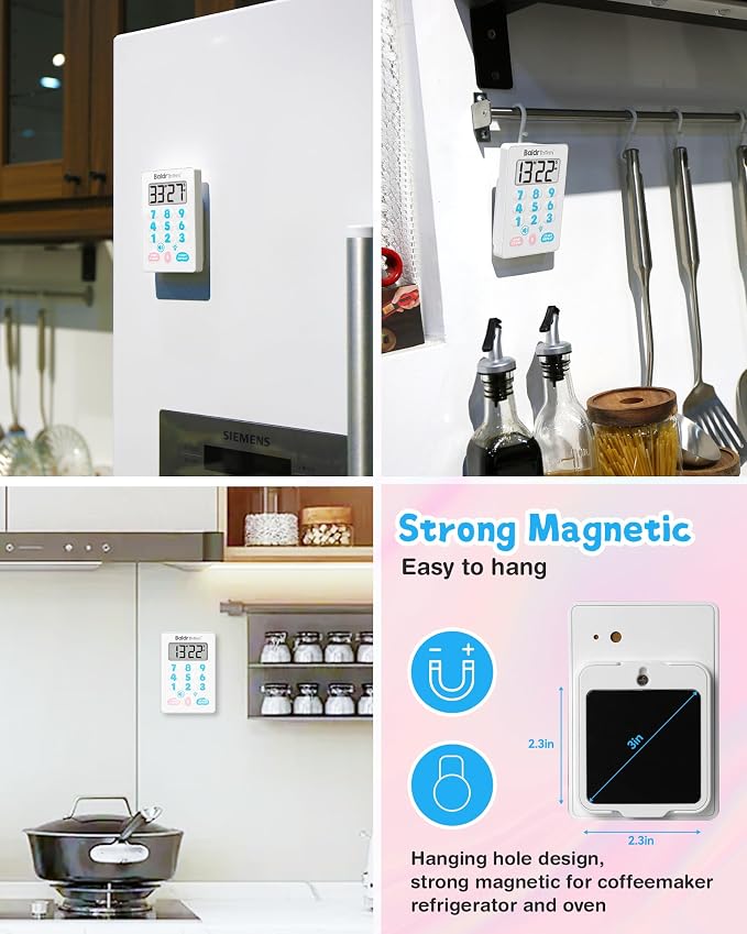 BaldrTherm Digital Kitchen Timer Waterproof, Strong Magnetic Cooking Timer with 3 Adjustable Volume Levels & Silent Flashing Light, Countdown Timer for Cooking, Baking Shower, Classroom, Cute