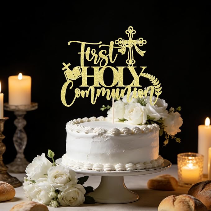 Gold glitter First Holy Communion Cake Topper-Suitable for Ramadan, Baptism, Religious Baptism,Baby Shower, God Bless, Communion Party, Wedding, Communion Party Decoration Supplies