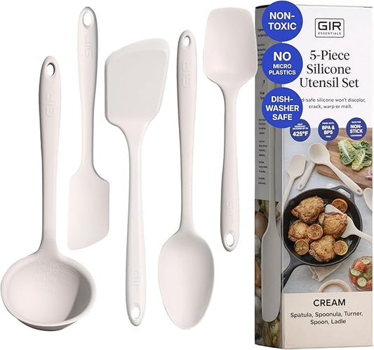 GIR 5-Piece Silicone Kitchen Utensils Set, Non-Toxic Cooking Utensils for Cooking and Baking, Heat Resistant, Food Grade, Dishwasher Safe Rubber Spatula, Ladle, Spoon - Cream