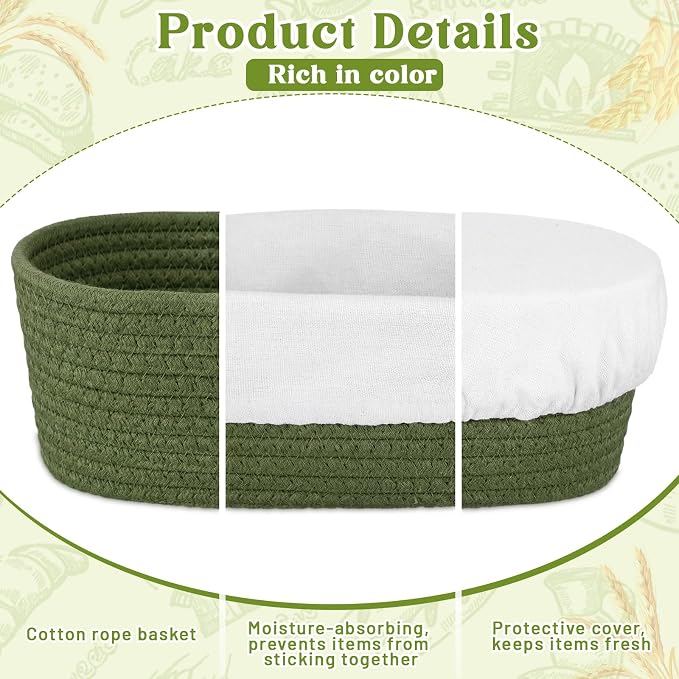 4 Pcs 10 Inch Cotton Rope Banneton Bread Proofing Basket Set Oval Banneton Basket Sourdough Bread with Liners Covers for Baking Supplies (Green Tones)