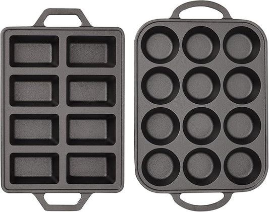 Flavehc Cast Iron Muffin Pans 12 Cup and Cast Iron Mini Loaf Pans 8 Cavity Regular Size Cupcake Pan Pre-Seasoned Loaf Pans Molds for Baking