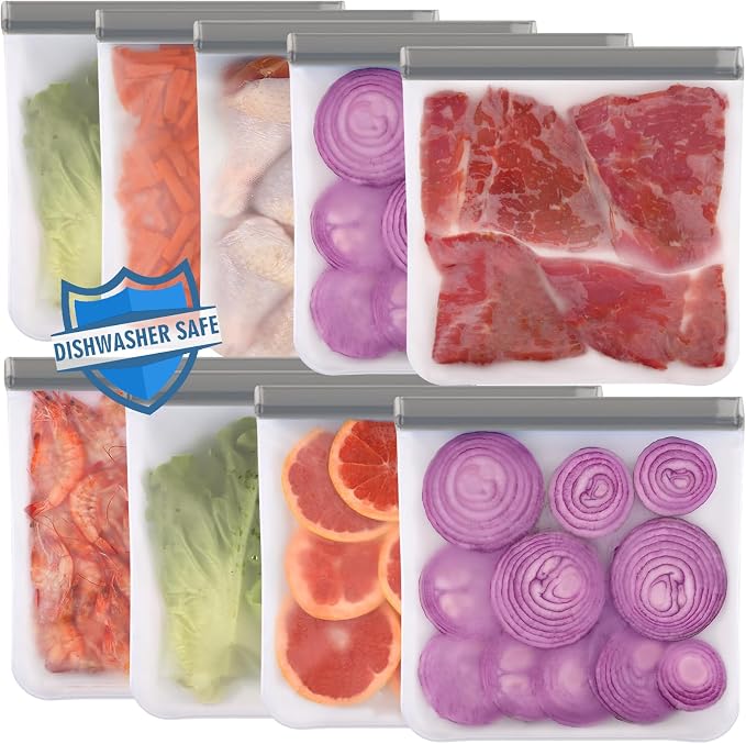 Lerine 9 Pack Reusable Gallon Freezer Bags Dishwasher Safe, BPA Free Reusable freezer Bags 1 Gallon, Extra Thick Leakproof Food Storage Bags for Meal Prep, Fridge Kitchen Organization (Gray, 9Gallon)