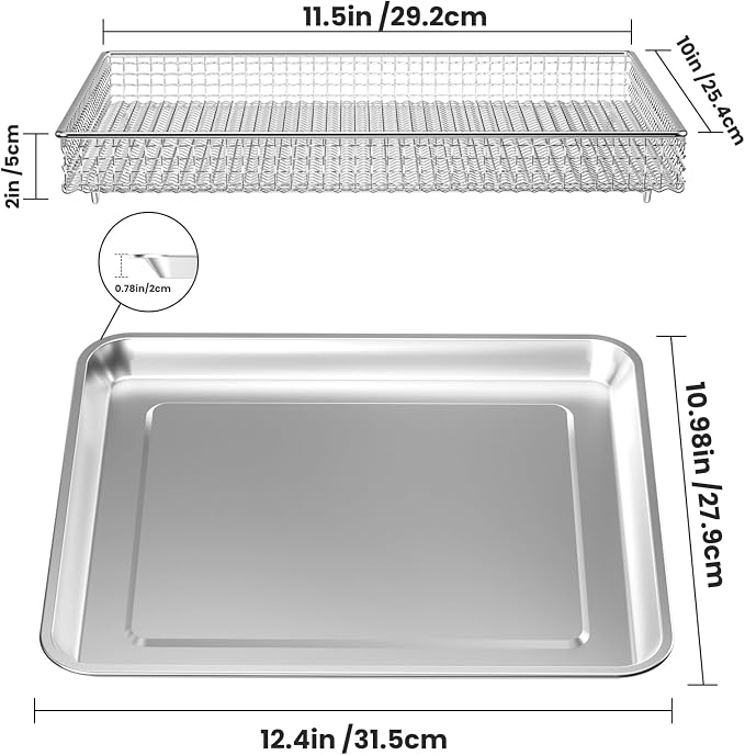 2Pcs Steel Air Fryer Tray Replacement for Cuisinar TOA-060/065 Toaster Oven | 12.4"x11" Basket and Tray Baking Sheet Pan Convection Oven Accessories Parts for Baking & Cookie Sheets/Broiling, Non‑Stick
