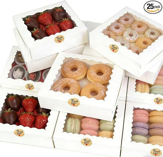 25pcs Cookie Boxes 9x9x2.5 Inches White Bakery Box with Window,Professional Pastry and Macaron, Packaging Container, Display Gift Box (25, WHITE, 9 * 9 * 2.5inch)