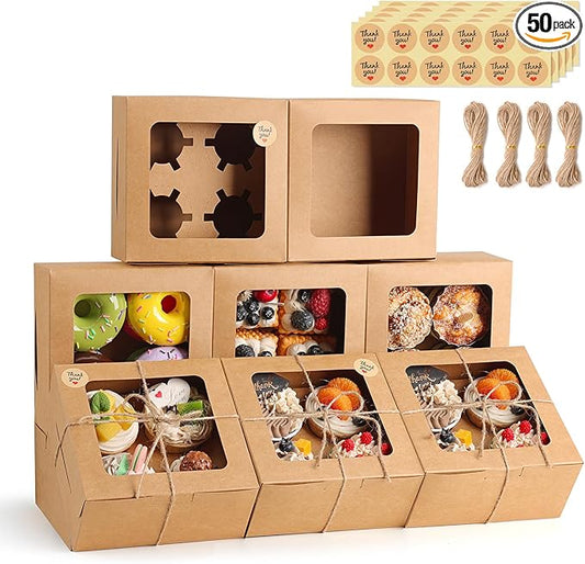 TOMNK 50 PCS Cupcake Boxes with Window, 6.3x6.3x3 Inch Cookie Boxes, Brown Bakery Containers for Pastry, Dessert, Chocolate Strawberries, Treat Boxes with Stickers and Jute Twine