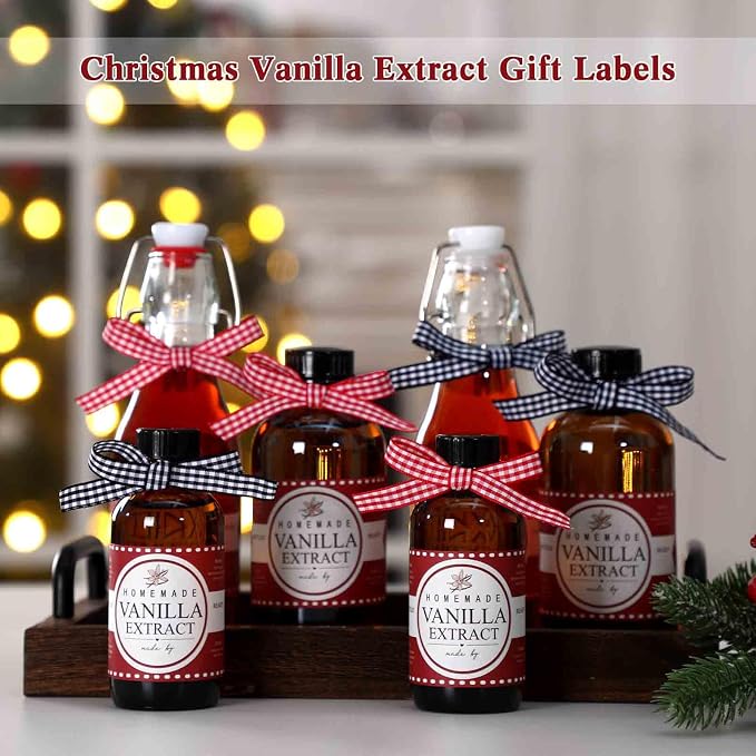 Fulmoon 24 Pcs Vanilla Extract Labels Homemade Vanilla Extract Stickers Bottle Labels with Ribbon Gift Stickers for 4oz, 8oz Handcrafted Bottles Wedding Gifts(Classic)