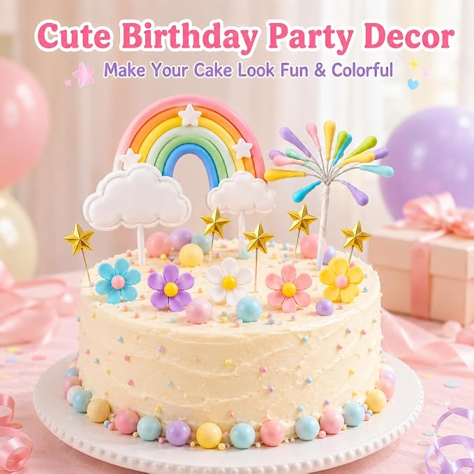 34Pcs Rainbow Cake Topper, Pastel Rainbow Cake Decorations with Daisy Flower Heads, Cloud, Gold Star, Firework & Ball Toppers for Birthday Cake Cupcake Party Decor