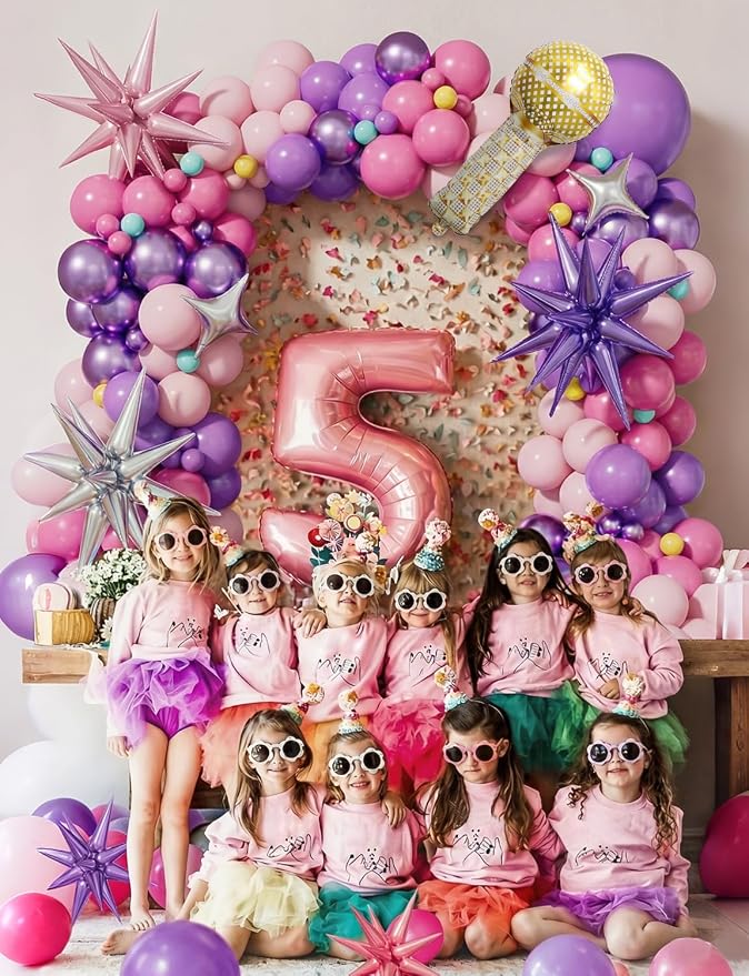 Pink and Purple Balloon Garland Arch Kit, 144 PCS Purple and Pink Balloons with Music Notes, Microphone and Starburst Foil Balloons, for Girls Birthday Party, Karaoke, Pop Music Theme Decorations