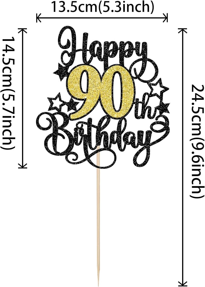 1 PCS Happy 90th Birthday Cake Topper Black Gold Glitter Cheers to 90 Years Birthday Cake Pick Hello 90 Fabulous Cake Decoration for Happy 90th Birthday Anniversary Party Decorations Supplies