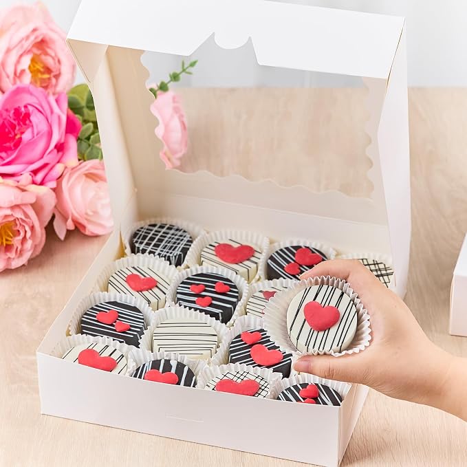 Kucoele Pie Boxes with Window, 10 x 10 x 2.5 Inches, 20 PCS, White | Auto-Popup, Bakery Boxes, Cookie Boxes, Treat Boxes, For Chocolate Strawberries, Pastries, Muffins, Donuts