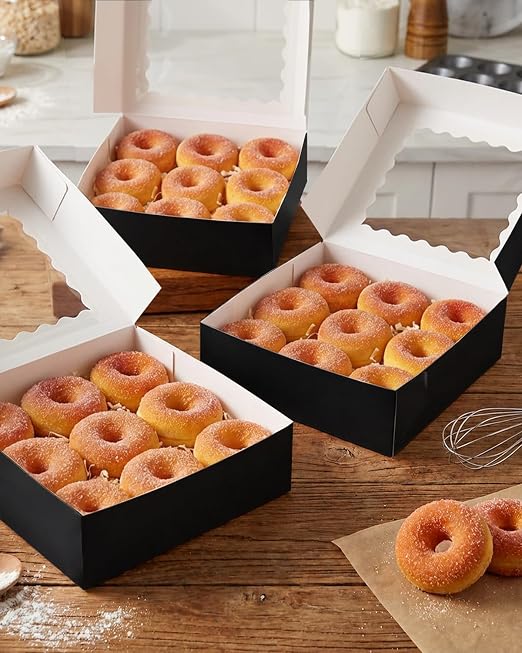 qiqee 10"x 10"x 2.5" Black Pie Boxes with Window 50Packs Cookie Donut Bakery Box (Auto-pop Up)