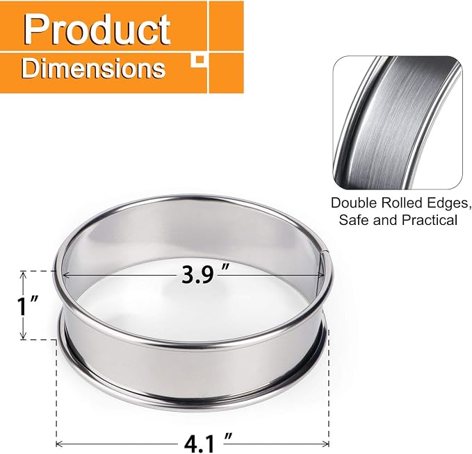 FANGSUN 4 Inch English Muffin Rings, Stainless Steel Crumpet Rings, Tart Rings for Baking, Double Rolled Nonstick Round Cake Ring, Metal Pastry Ring Mold for Dessert Food Making Tool