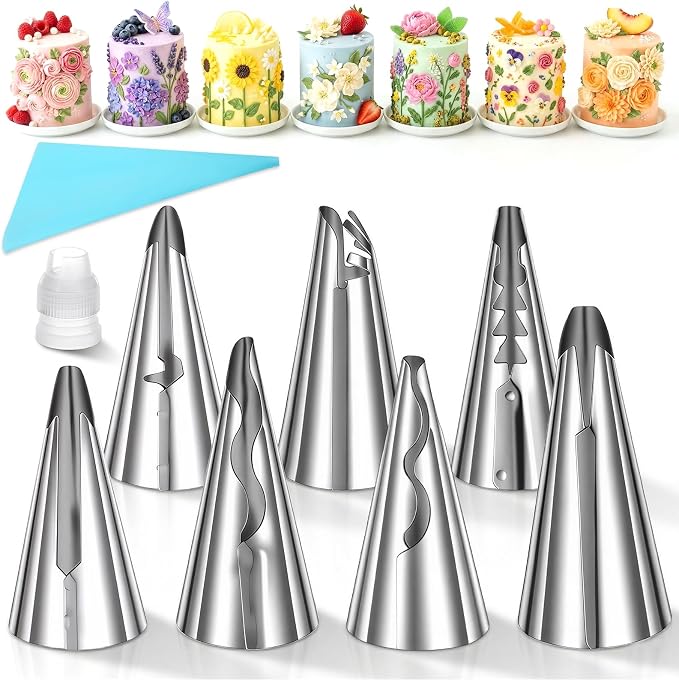 7 PCS Pleated Skirt Piping Tips Set, Wilton Ruffle Piping Tips, Stainless Steel Russian Nozzles Tip Pipings Set for Pastry Fondant, Cake Decorating Supplies Baking Sets Tools