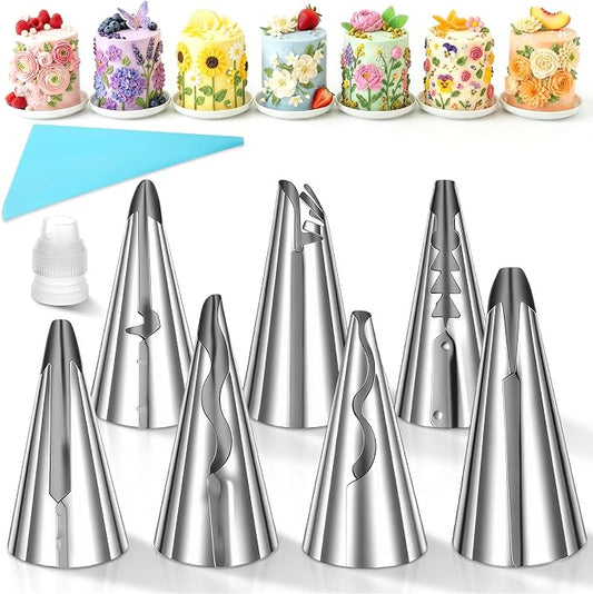7 PCS Pleated Skirt Piping Tips Set, Wilton Ruffle Piping Tips, Stainless Steel Russian Nozzles Tip Pipings Set for Pastry Fondant, Cake Decorating Supplies Baking Sets Tools