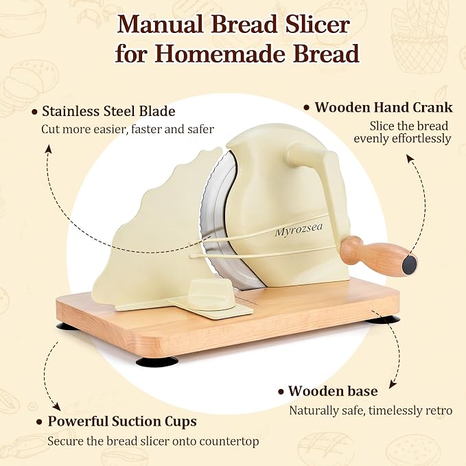 Manual Bread Slicer for Homemade Sourdough Bread, Classic Sourdough Bread Slicer with Scale Line and Stainless Steel Blade, Adjustable Thickness&Evenly Slicing, Cream