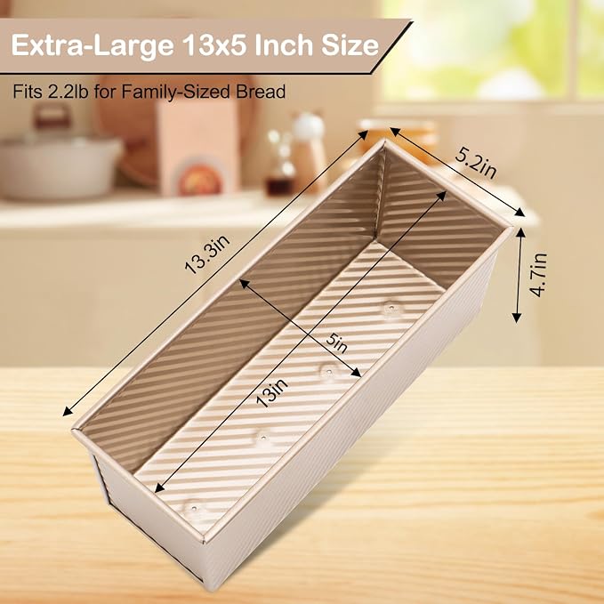 Pullman Loaf Pan with Lid 13x5 Inch, Large Nonstick Bread Pan for Baking, Professional Square Toast Mold with Bottom Vents, 2.2LB Aluminum Steel Sandwich Bread Pan for Sourdough Baking