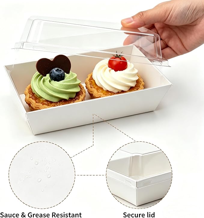100 Pack Charcuterie Boxes with Clear Lids, White Mini Dessert Bakery Boxes, Empty To Go Food Containers with Stickers for 2 Cupcakes, Muffins, Cake Slice Sushi Strawberry, 5.5 x 2.7 Inches