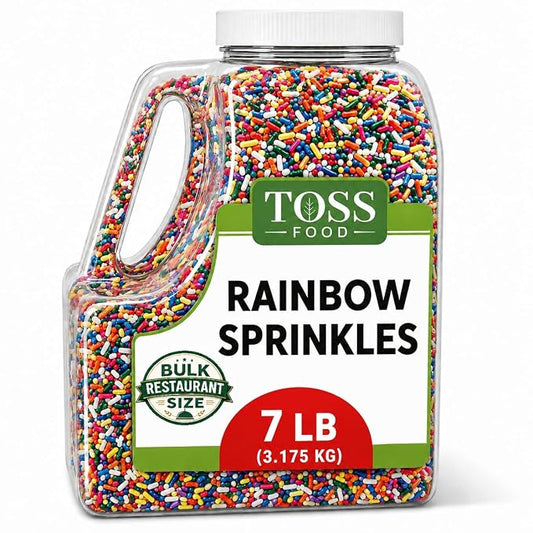 TOSS Rainbow Sprinkles Jimmies, 7 Pounds, Cake Decorating Topping for Baking and Ice Cream, Resealable Container