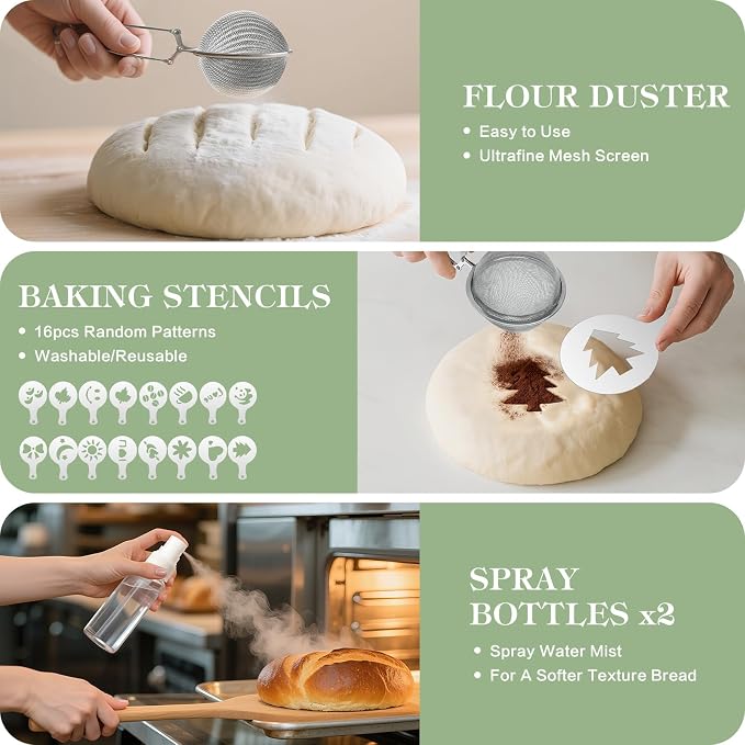 Sourdough Starter Kit, 9'' Round Banneton Bread Proofing Basket, Sourdough Kit with Jar, Sourdough Bread Baking Supplies with Bread Lame, Dough Scraper, Dough Whisk, Silicone Bread Sling