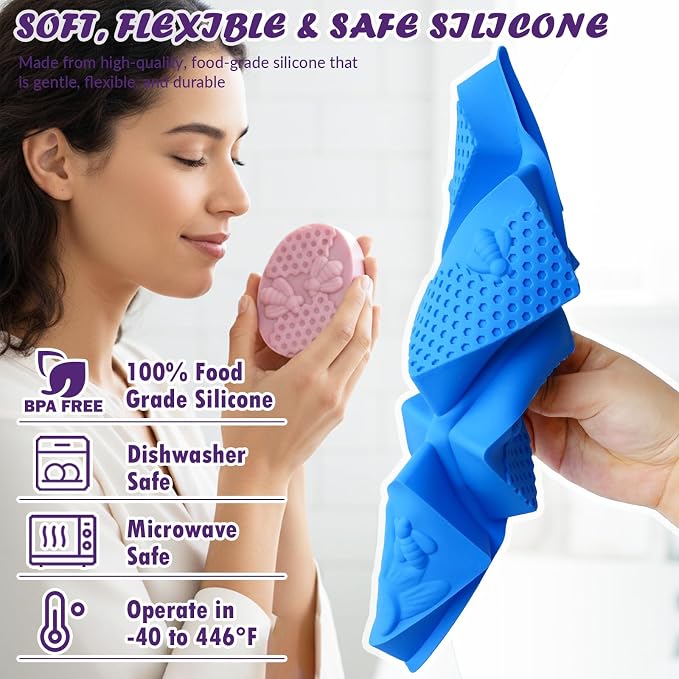 HKNMTT Silicone Bee Honeycomb Flower Oval Bar Molds, 6 Shapes 12 Cavities for Candy Soap Making Shower Steamer Homemade Bath Bomb Lotion Shampoo Bar Dessert DIY Set Non-stick Craft Food Grade 2 Pack