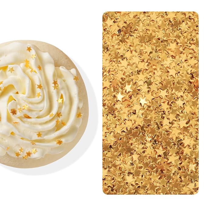 Gold Edible Glitter Star Shaped Sparkles for Cakes - Edible Stars Cake Decorations in Metallic Gold for Cake Decorating, Cookies, Toppings, Baking - Vegan Shimmer Stars Dessert Glitters for Cupcakes Topper 2g