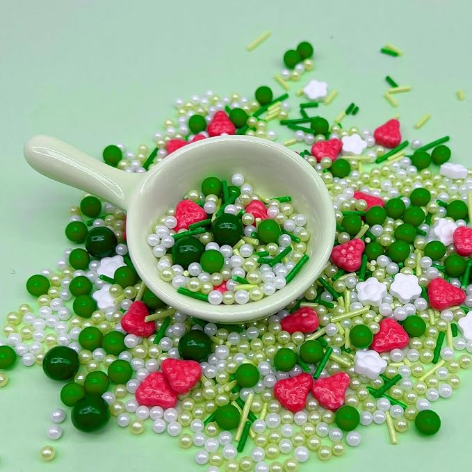 ST Patricks Day Green Sprinkles for Cake Decorating, Spring Sprinkles Mix with Strawberry Pearl Jimmies Flower for Ice Cream Cupcakes Baking Cookies Cake Topping