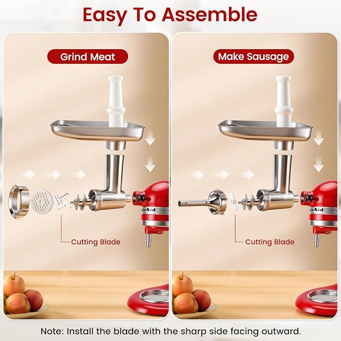 Stainless Steel Meat Grinder Attachment for KitchenAid Stand Mixer, Food Grade, Heavy Duty, No Clog, Dishwasher Safe, Sausage Stuffer & Burger Maker