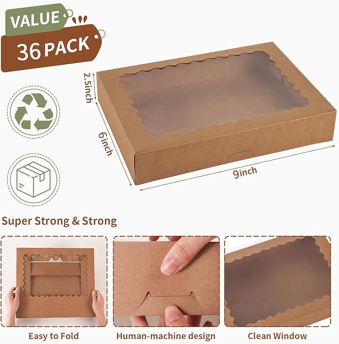 Cookie Boxes,9x6x2.5 Inch Large Bakery Boxes with Window for Pies Chocolate Strawberries Muffins Donuts Pastry Dessert Christmas (Brown, 9 * 6 * 2.5inch/36pcs)