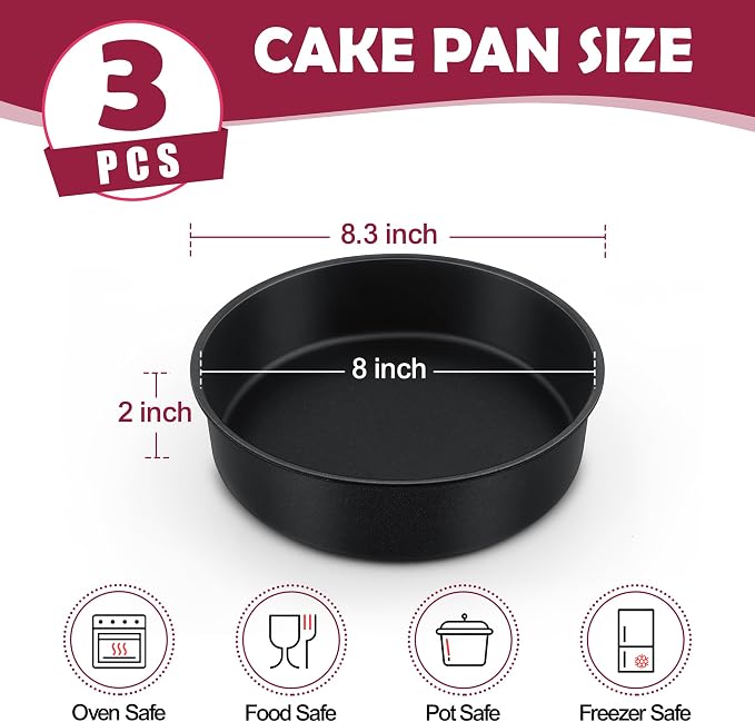 E-far 8 Inch Cake Pan Set of 3, Nonstick Round Baking Layer Cake Pans, Stainless Steel Core & Non-Toxic Coating, 2 Inch Deep (Black)