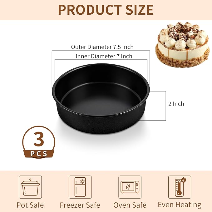 P&P CHEF 7 Inch Cake Pan Set of 3, Non-Stick Round Cake Pans Tins for Tier Smash Cakes, Baking Pans Set & Essential Bakeware, Stainless Steel Core & Leak-Proof