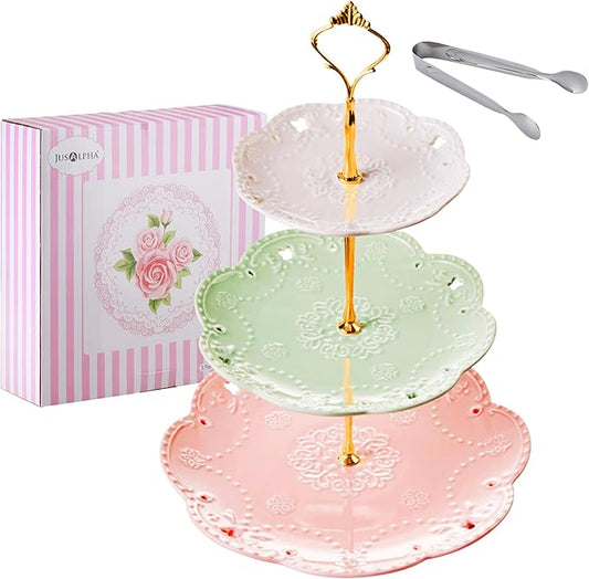Jusalpha 3-Tier Multi Color Ceramic Serving Stand,Cake Stand-Dessert Stand-Cupcake Stand-Tea Party Serving Platter (3 Color-Gold)