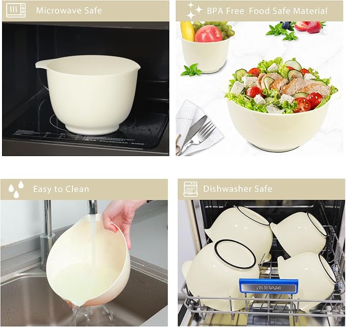 BoxedHome 4.5 Quart Large Plastic Mixing Bowls, Microwave Safe Mixing Bowl Set with Pour Spout, Nesting Bowls for Space Saving Storage(Beige)