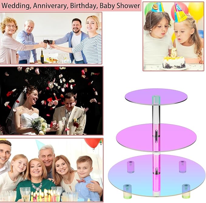3 Tier Iridescent Acrylic Cupcake Stand (6", 8", 10") with 4" Spacing - Rainbow Holographic Dessert Tower with Solid Rods - Color Changing Cake Display for Disco, Mermaid, & Birthday Party Decor (Rainbow Colors)